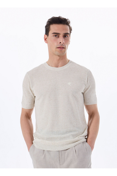 Fabrika Bej Erkek Bisiklet Yaka Relaxed Fit Keten Karışımlı Kazak F5SM-KZK 2051