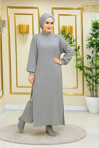 MAY MARA Women's Collar Zippered Slit Detail 2-Piece Knitwear Set