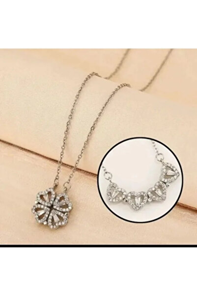 Birmem Kadın Gümüş Rengi Çelik Mıknatıslı Açılır Kapanır Dört Kalp Yonca Şans Kolyesi