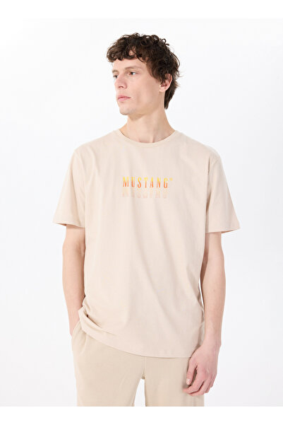 Mustang Bisiklet Yaka Baskılı Bej Erkek T-Shirt M5SM-TST1426
