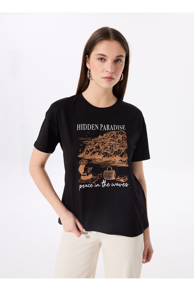 Fabrika Bisiklet Yaka Baskılı Siyah Kadın T-Shirt F5SL-TST0463