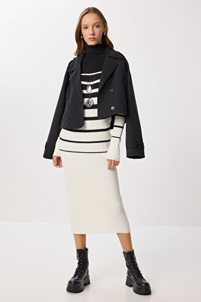 Lovelyİstanbul Balıkçı Yaka Çizgili Fitilli Triko Elbise SİYAH EKRU LDD0095