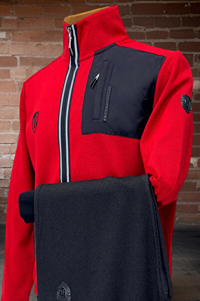 BESSA Men's Red Tracksuit Set with Zipper Pocket, Straight Leg Honeycomb Fabric