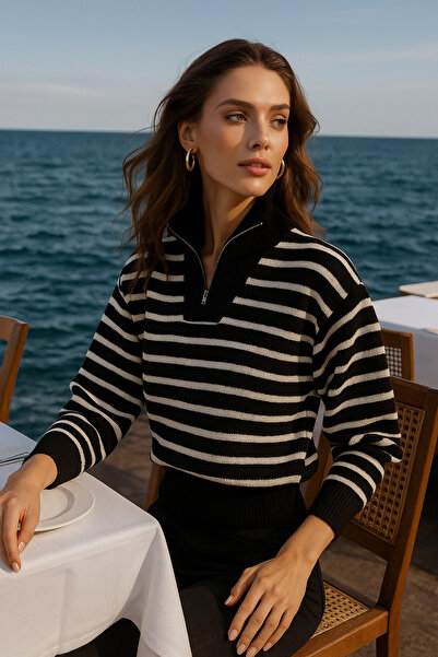 DAMGA Collection Pulover de tricotaj cu fermoar cu dungi alb-negru