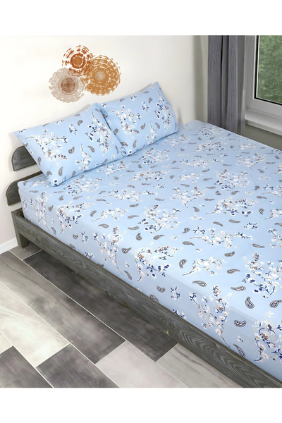 Shopyteks Blue Floral Patterned Double Fitted Sheet Set 160X200