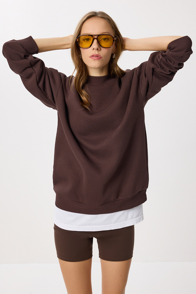 Lovelyİstanbul Φούτερ Stand Collar - Καφέ, Raised, Basic Model LUB0039