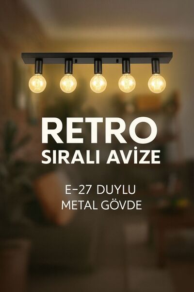VENON Retro 5.li Sıralı Siyah Yemek Masası Üstü Avizesi Sarkıt Avize Salon Av...