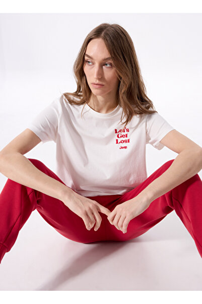 Jeep Bisiklet Yaka Nakışlı Kırık Beyaz Kadın T-Shirt J5SL-TST7884