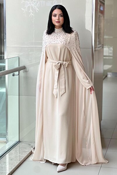 White Corner Pelerini İnci İşlemeli Abiye