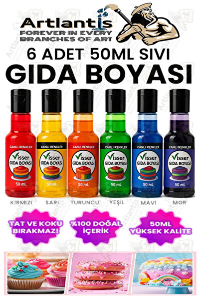 Artlantis Renkli Gıda Boyası Sıvı 50 ml 6 Adet Su Bazlı Likit Renkli Sıvı Gıd...