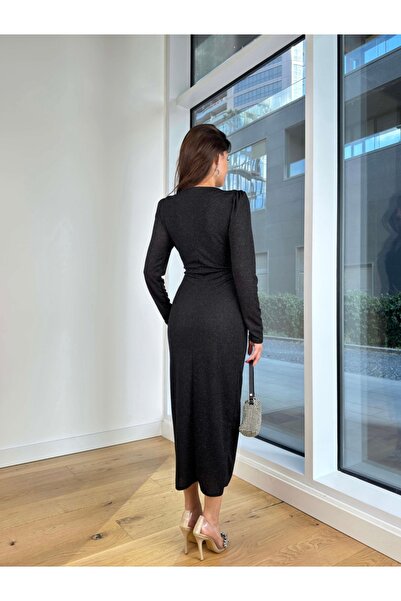 Afiş Butik Siyah Simli V Yaka Büzgü Detaylı Midi Elbise