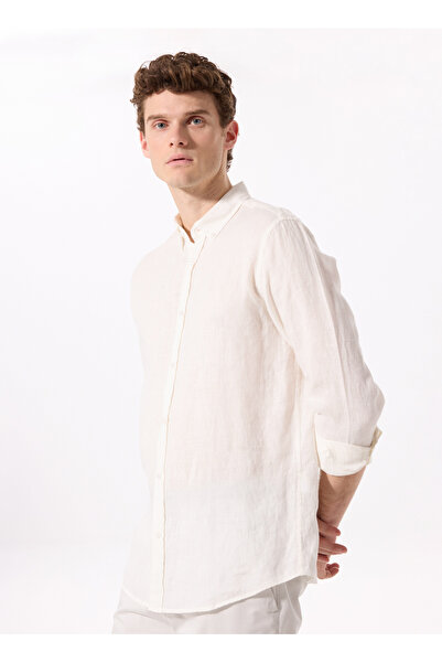 Fabrika Kırık Beyaz Erkek Düğmeli Regular Fit %100 Keten Gömlek F5SM-GML 2767