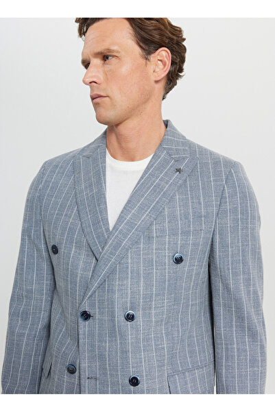 ALTINYILDIZ CLASSICS Pamuklu Slim Fit Dar Kesim Kırlangıç Yaka Çizgili Esnek Blazer Lacivert Ceket