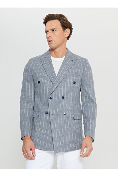 ALTINYILDIZ CLASSICS Pamuklu Slim Fit Dar Kesim Kırlangıç Yaka Çizgili Esnek Blazer Lacivert Ceket