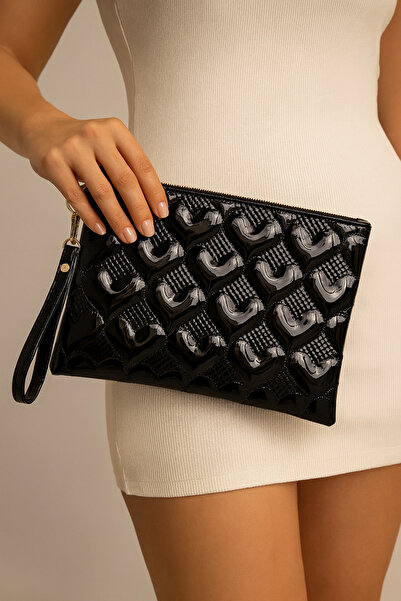 Bagfoni Siyah Rugan Kalp Desenli Portföy Clutch El Çantası