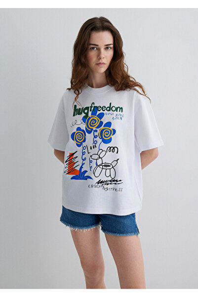 Mavi تي شيرت أبيض مطبوع مقاس كبير / قصة واسعة 1613100-620