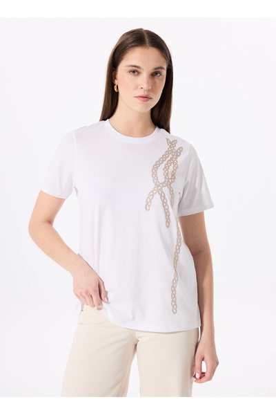 FABRIKA COMFORT Kırık Beyaz Kadın Relaxed Taşlı T-Shirt FC5SL-TST0196