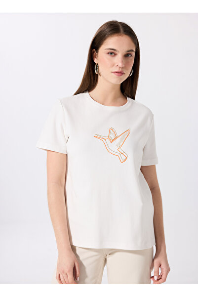 Fabrika Bisiklet Yaka Baskılı Kırık Beyaz Kadın T-Shirt F5SL-TST0389