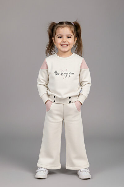 Minika Şardonlu 3 İplik Pembe Eşofman Takımı – Sweatshirt & Geniş Paça Pantolon