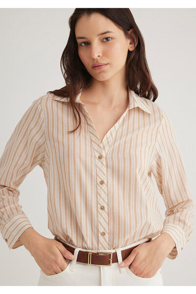 Mavi Çizgili Kahverengi Gömlek Regular Fit / Normal Kesim 1210957-88494