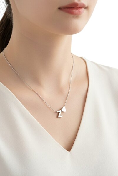 Alexis Carrel Çelik Zincirli Z Harfli Kolye, Kalp Detaylı Gümüş Renk Harf Kolye