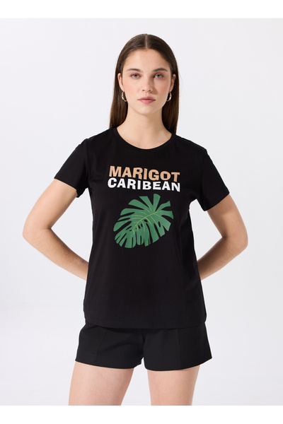 Fabrika Bisiklet Yaka Baskılı Siyah Kadın T-Shirt F5SL-TST0439