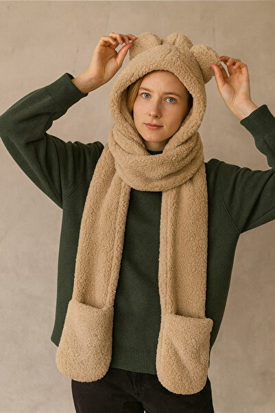 Homy Life Kore Tarzı Peluş Ayı Kulaklı Ve Cep Eldivenli Kapüşonlu Şapka Bere Kışlık Welsoft Atkı Boyunluk Şal