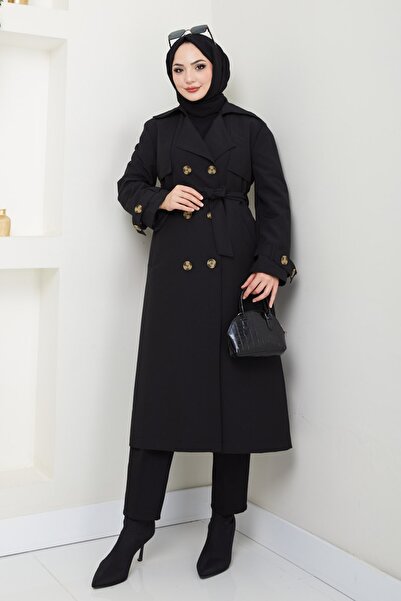 InStyle Lined Black Trench Coat with Epaulettes on the Shoulders