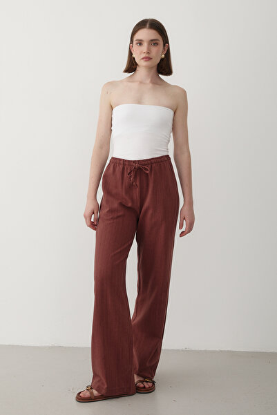 JASTE Women's Brick Pattern Elastic Waist Wide Leg Palazzo Linen Trousers