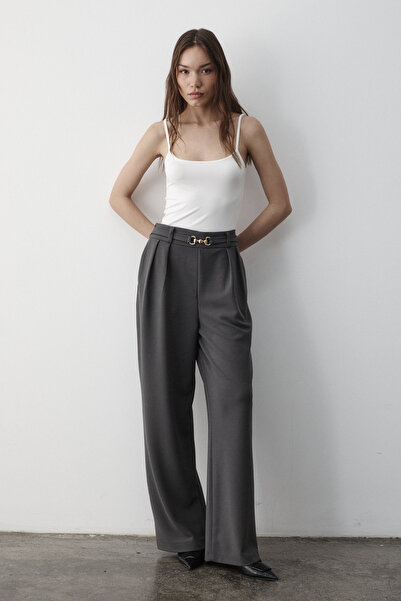 JASTE Kadın Gri Likralı Toka Kemer Detaylı Lastikli Palazzo Pantolon