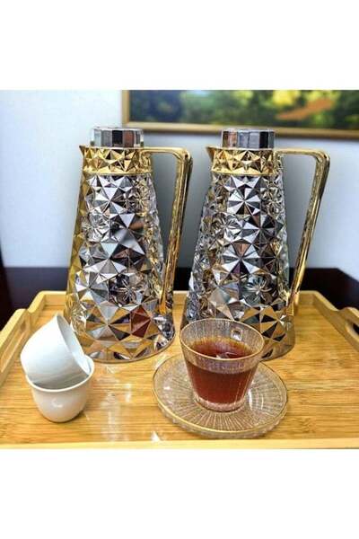 RİMA طقم ترمس للقهوة والشاي - تصميم أنيق باللونين الفضي والذهبي، سعة 1 لتر