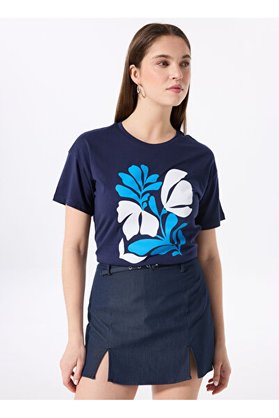 Fabrika Bisiklet Yaka Baskılı Lacivert Kadın T-Shirt F5SL-TST0456