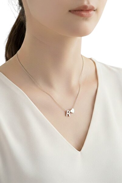 Alexis Carrel Çelik Zincirli R Harfli Kolye, Kalp Detaylı Gümüş Renk Harf Kolye