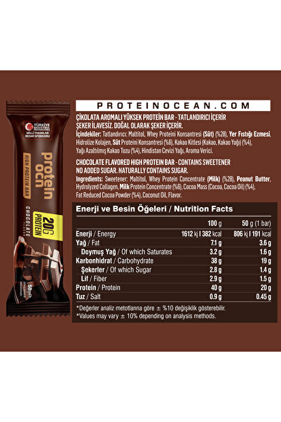 Proteinocean Protein Bar - Çikolata Aromalı - 50g X 8 Adet
