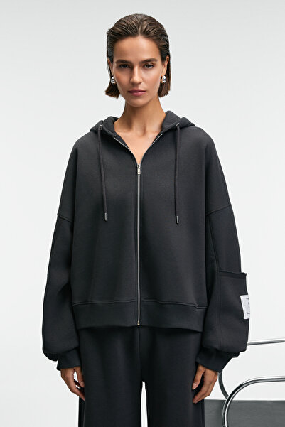 GRIMELANGE Vivienne Women's Metal Zippered Hooded Anthracite Sweatshirt with Ornamental Label and Pocket Detail on the Sleeve