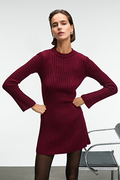 GRIMELANGE ENCANTO Kadın Yuvarlak Yaka Çizgi Desenli Slim Fit Bordo Elbise