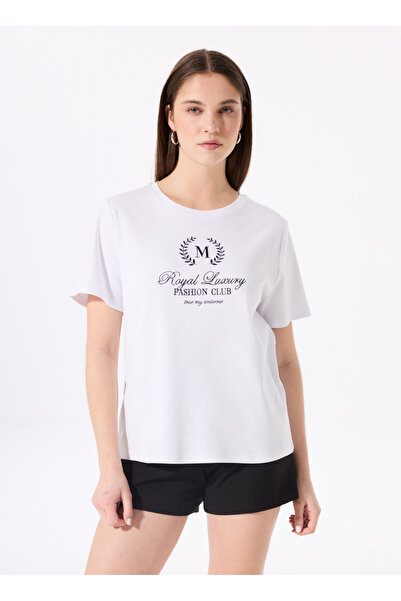 Fabrika Bisiklet Yaka Nakışlı Kırık Beyaz Kadın T-Shirt F5SL-TST0171