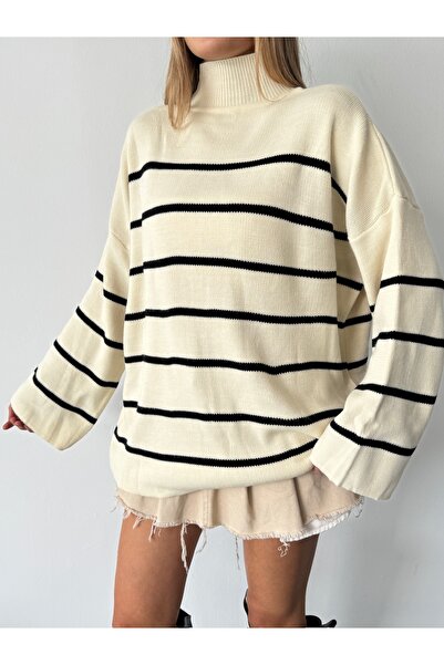 BEJNA Dámský pletený svetr Ecru Oversize s polovičním rolákem