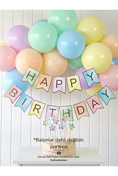 partince 3 Parça Set Happy Birthday Yazısı Banner Makaron Renk Pasta Süsü Cak...