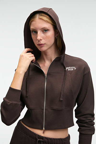 GRIMELANGE ELARA Dámská mikina s kapucí, kovovým zipem a výšivkou, krátký střih, tmavě hnědá