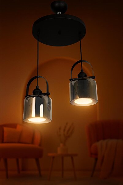 VENON Kumru 2li Siyah ÇİFT FÜME Camlı Sarkıt Avize Oynar Başlıklı Özel Seri S...