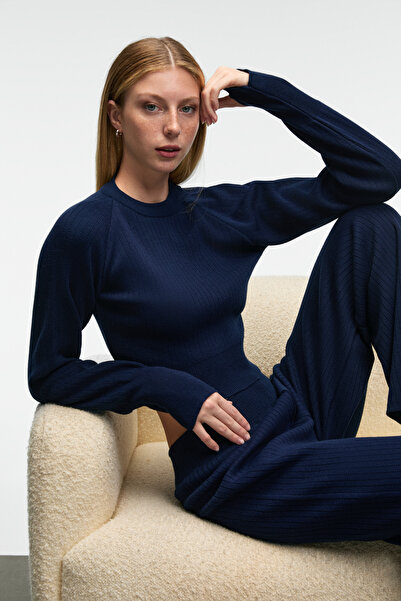 GRIMELANGE Mariposa Women's Round Neck Stripe Patterned Crop Wide Leg Knitwear Navy Blue Top and Bottom Set