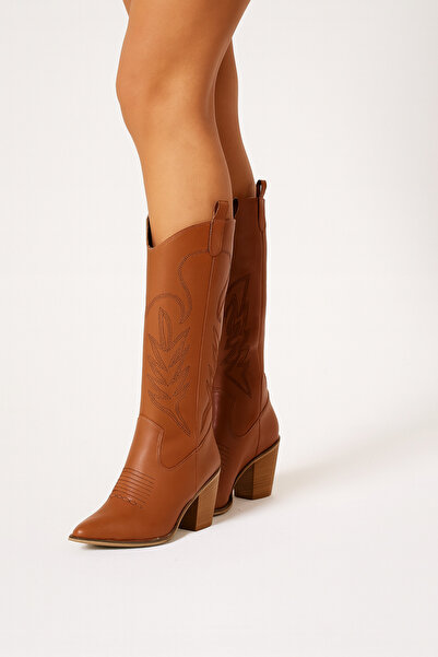 POTEEN Ptc Albino Kadın Western Kovboy Nakışlı Topuklu Çizme-ptc Taba