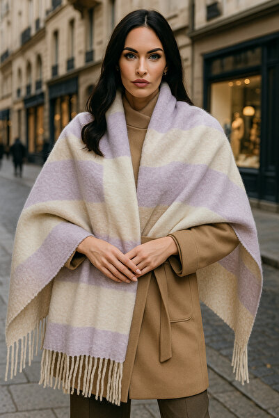 Luminos Butik Plaid Patterned Soft Textured Warm Scarf - Lilac, White, Beige Sal1284