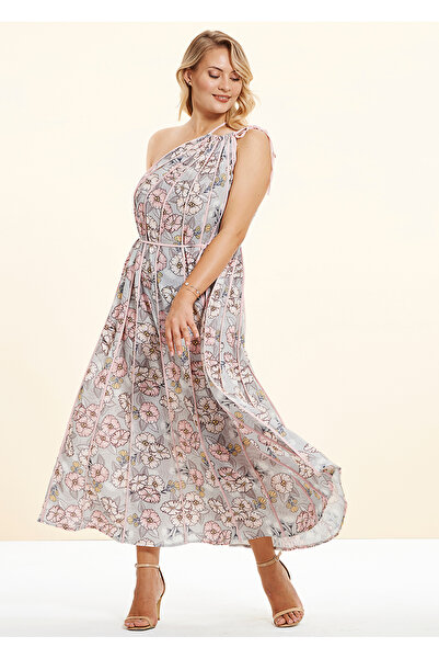 EVEN plus size Pudra Çiçek Baskılı Tek Omuzlu Büyük Beden Elbise