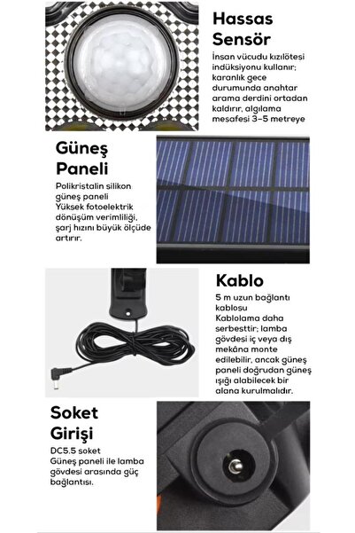 DEMPOWER 3 Modlu, Hareket Sensörlü, Su Geçirmez, Uzaktan Kumandalı Solar LED Lamba