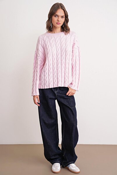 Mixray 6973 Women's Braided Regular Basic Knitwear Sweater Pink