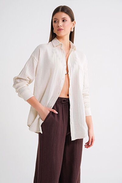 Mixray 3833 Women's Oversize Pocket Muslin Shirt Natural