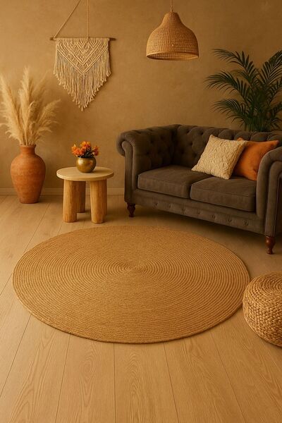 VELLORA HOME Jüt Halı Yuvarlak Hasır Halı Kilim Yolluk