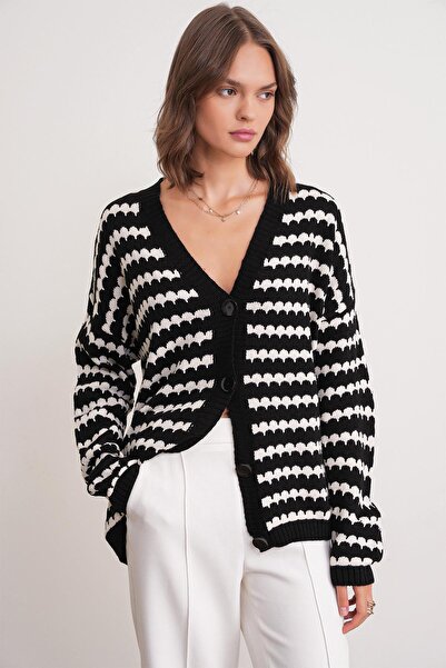 Mixray Black 6882 Model Women's Knitwear Cardigan - Eyelash Patterned
